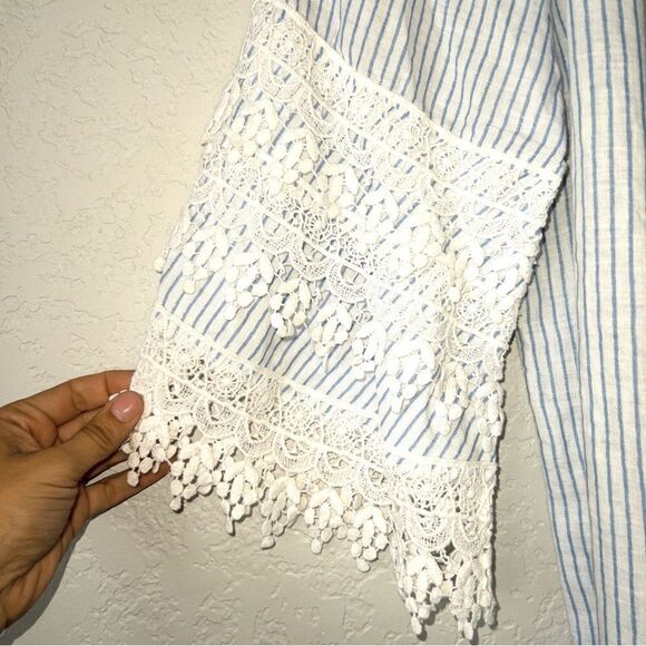 Saks Fifth Avenue White Blue Stripe‎ Off The Shoulder Linen Lace Blouse Medium - Picture 3 of 8